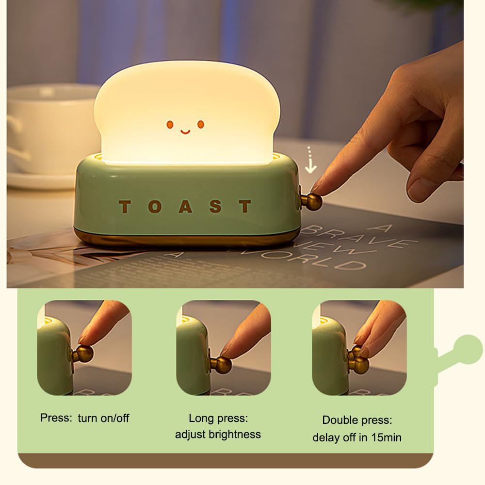 Ipalmay Toast Night Light, Kawaii Desk Decor Dimmable Bedside Night Lamp Rechargeable, Auto-Off Bedroom Sleep Light, Cute Gifts