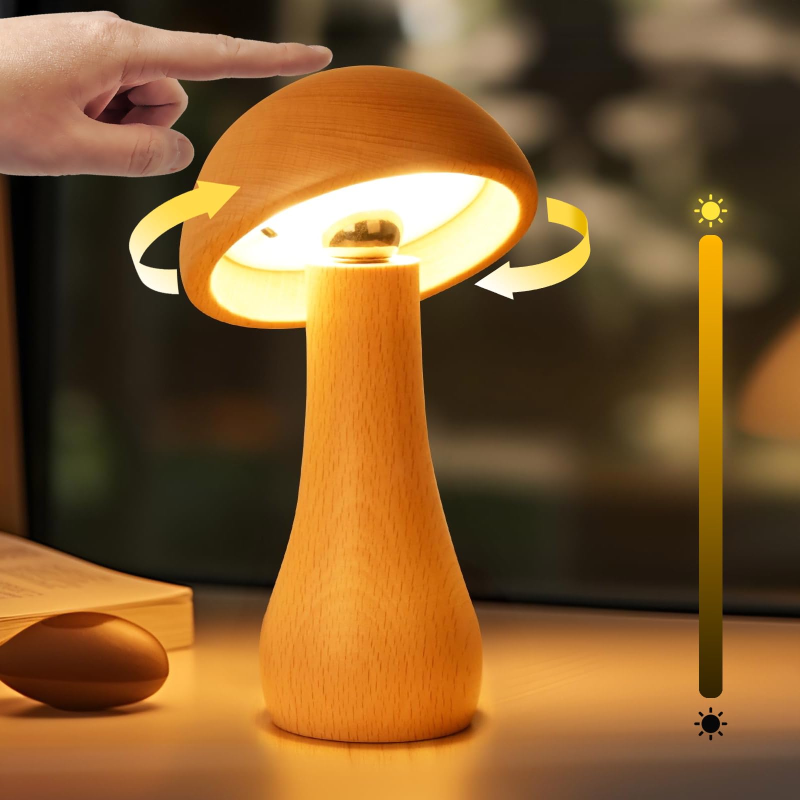 Wooden Small Mushroom Lamp, Touch Switch Cordless Table Lamp For Nightstand, Rechargeable Battery Operated Night Light, 360 Degr