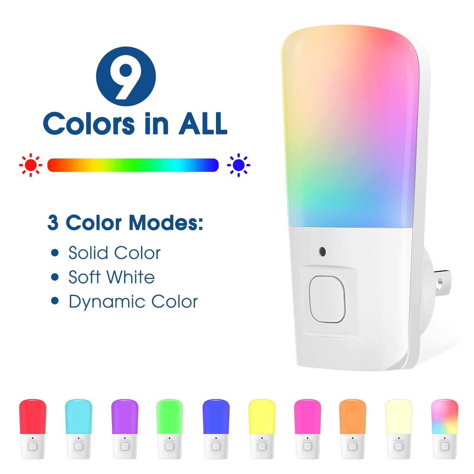 Lohas Led Night Light For Kids, 9-Color Changing, Dusk To Dawn Sensor, Plug-In Night Light For Hallway, Stairway, Bedroom - 2 Pa