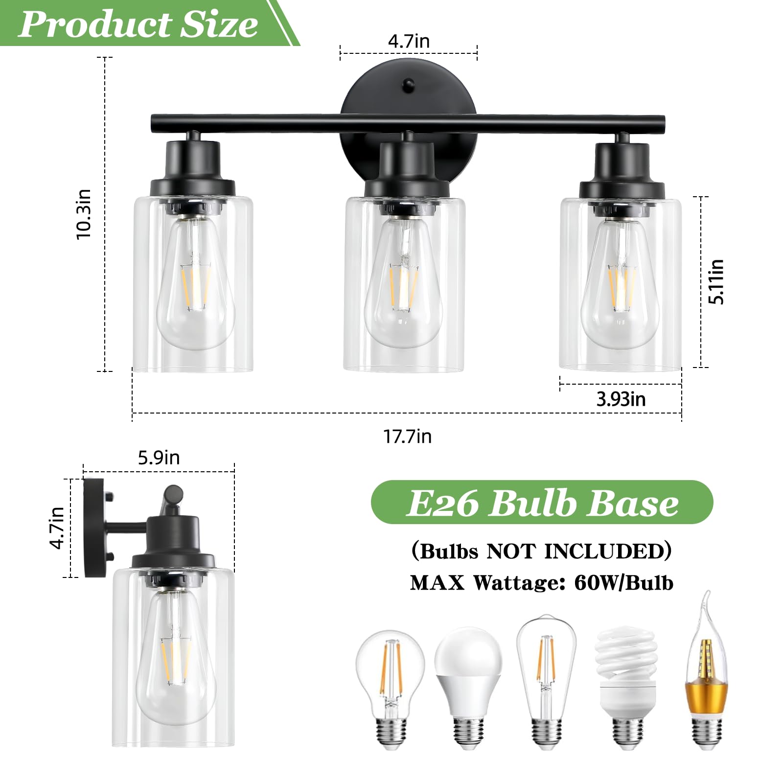 Guliaofo 3-Light Bathroom Vanity Light Fixture, Matte Black, Metal, Clear Glass Shade, Model Gu-111-QGH-3