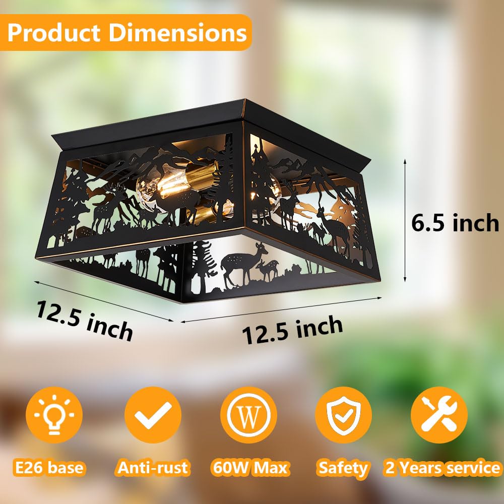 Black Semi Flush Mount Ceiling Light Fixture, Rustic Cabin Deer Ceiling Light Fixture, Metal Country Farmhouse Ceiling Lamp For