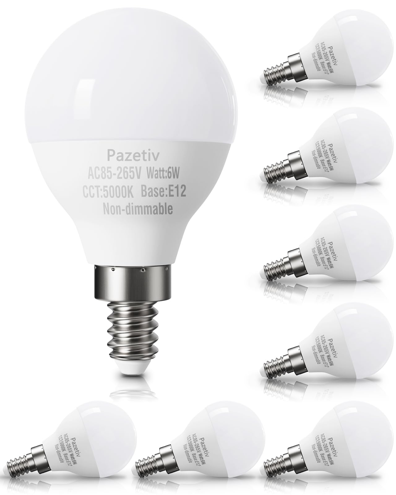 Pazetiv 8 Pack E12 LED Ceiling Fan Light Bulbs 120V 60 watt Equivalent, Daylight 5000K, A15 Candebalra Light Bulbs Small Base, B