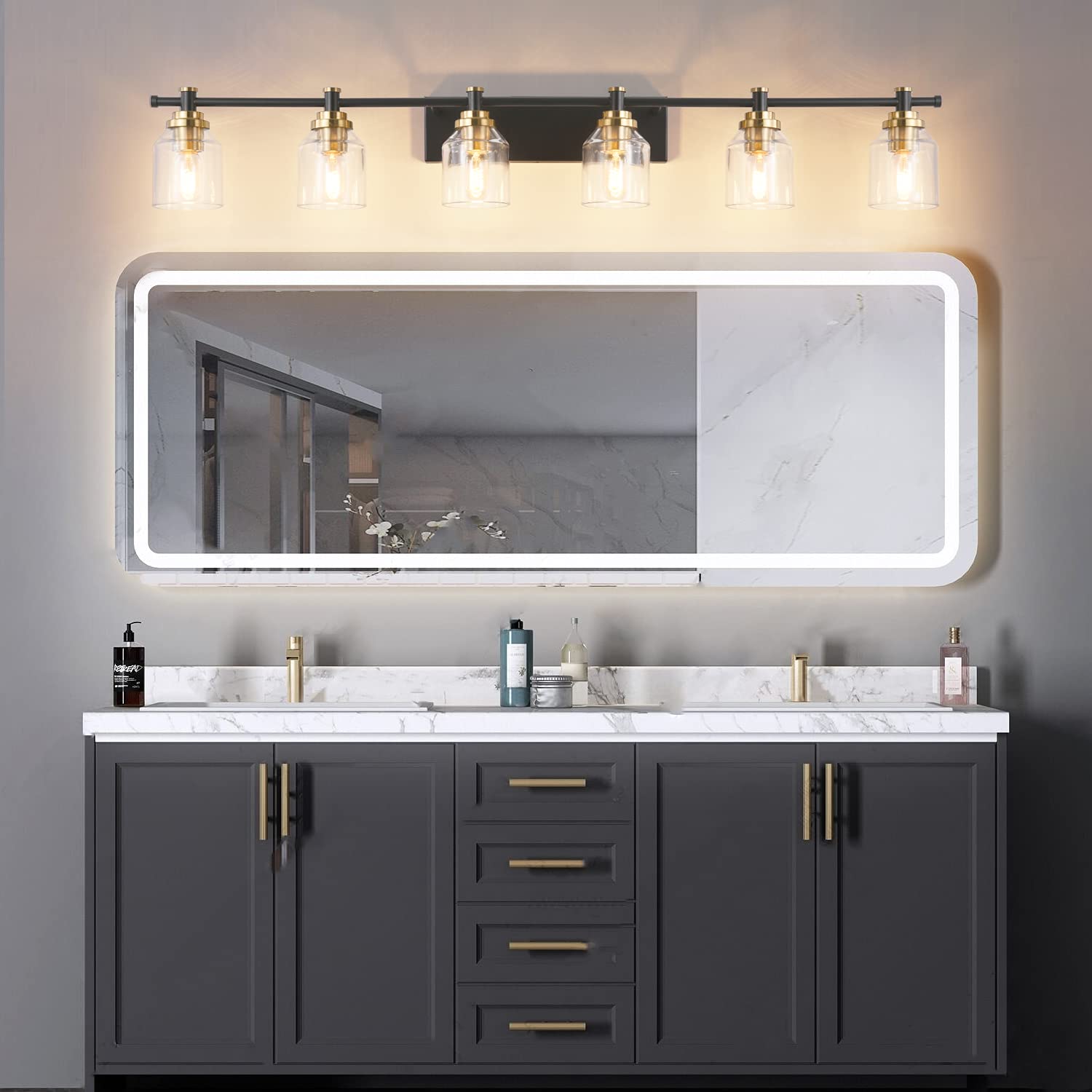 SOLFART 6-Lights Vintage Bathroom Vanity Light Fixture, Black Brass, Clear Glass, Model 7900-6T