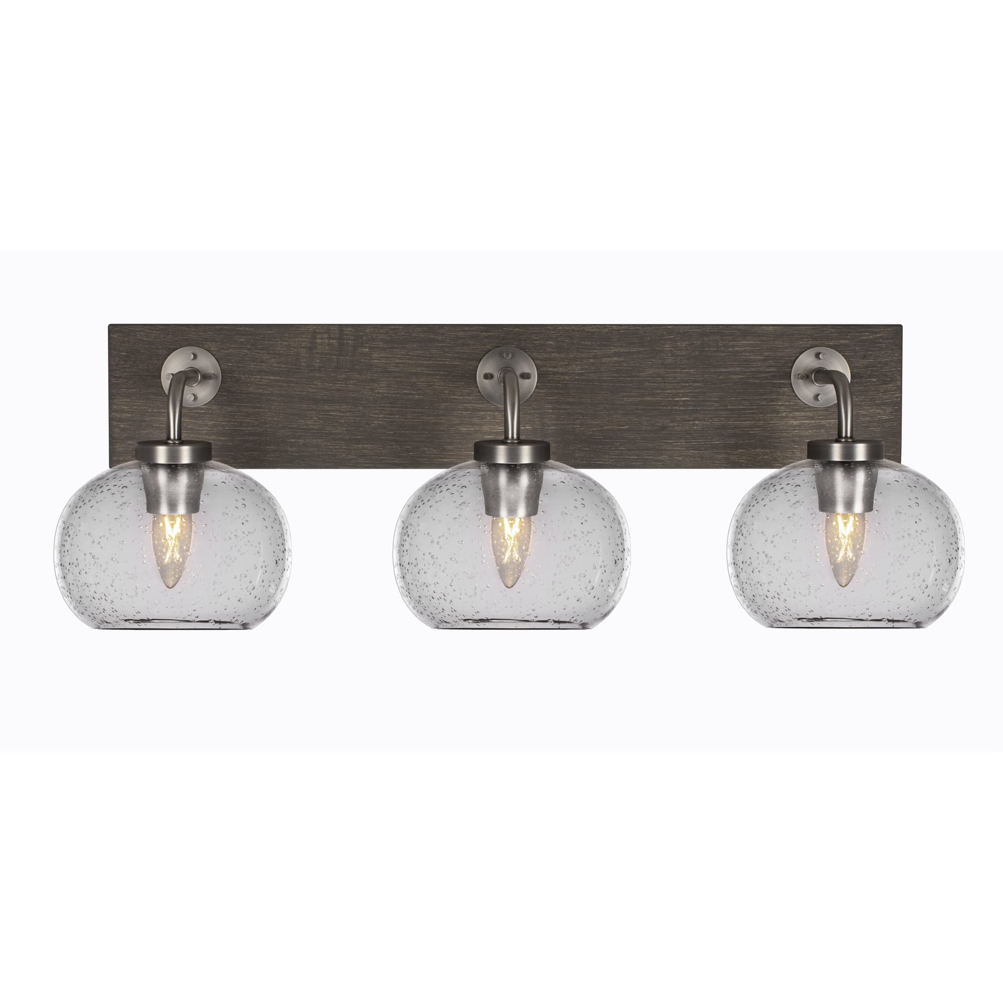 Oxbridge 3 Light Bath Bar In Graphite & Painted Distressed Wood-Look Metal Finish With 7" Clear Bubble Glass
