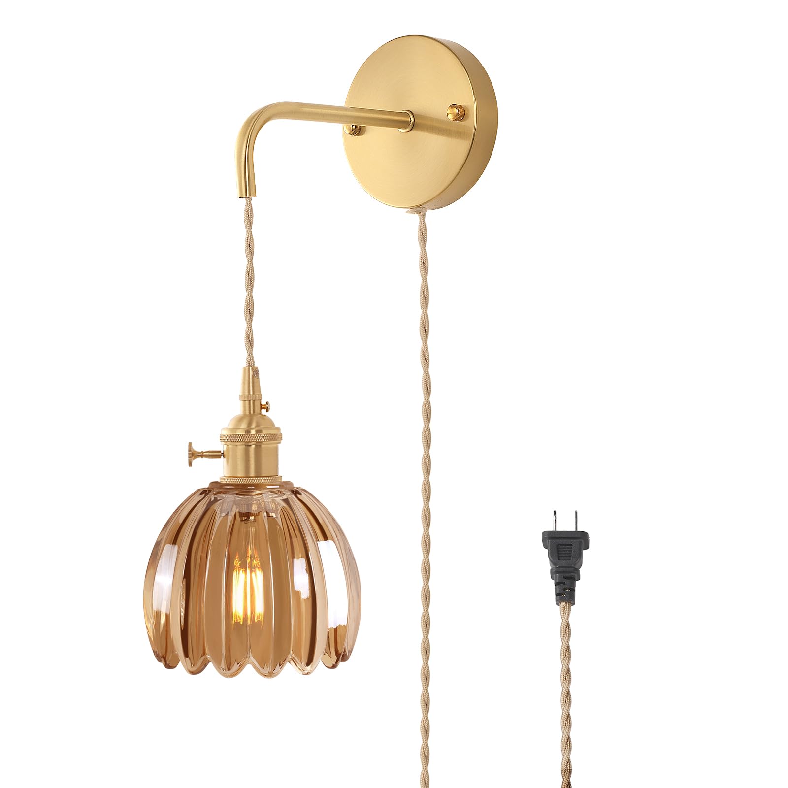 Shenmoyl Vintage Wall Sconce Lamp, Amber Tulip Glass Shade, Plug in, Brass, Model 1-9390, 4.9FT Cord