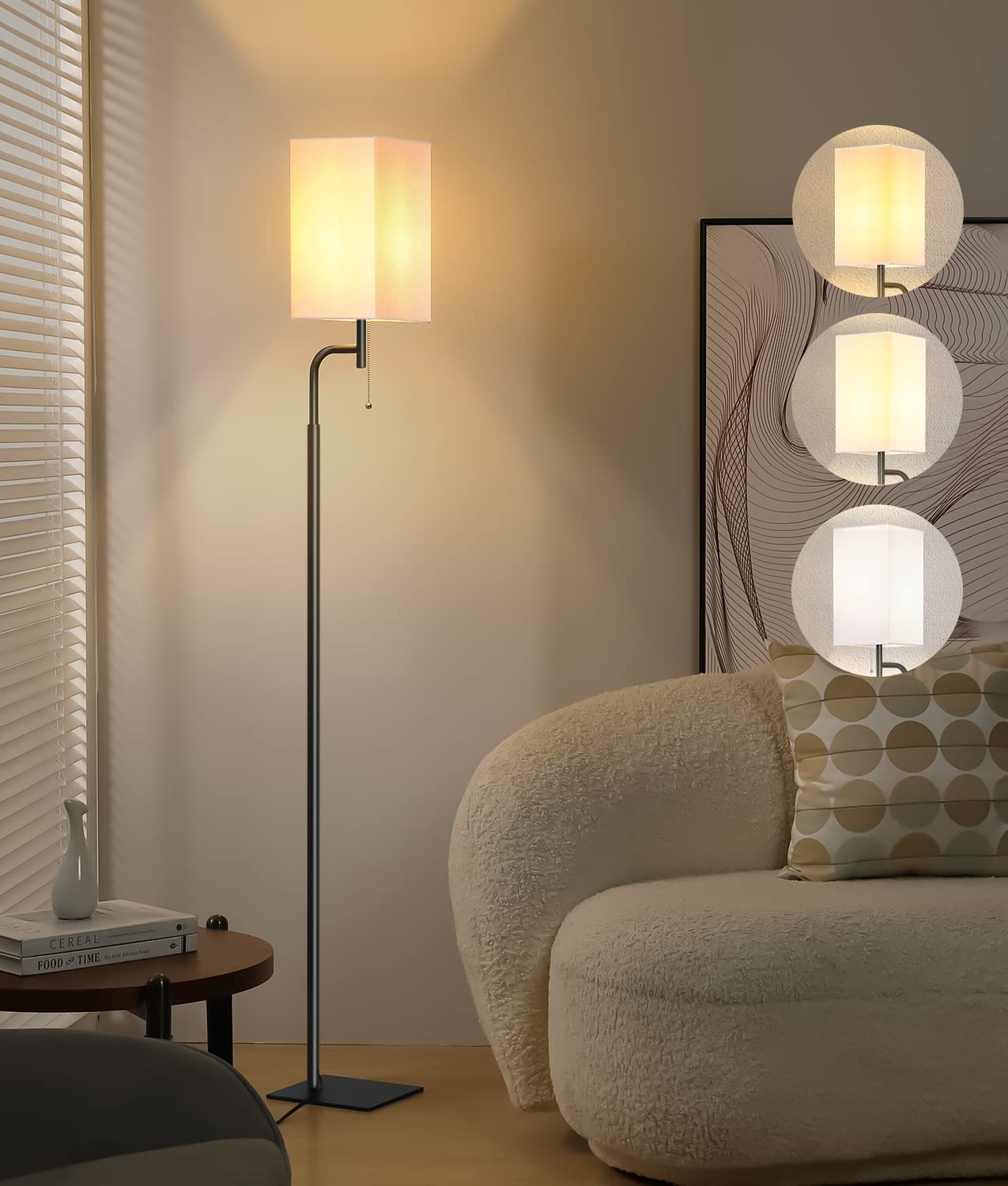Iporovon Floor Lamp, Modern Tall Lamp with Square Linen Shade, 3 Color Temperatures, White, Model FL-230217