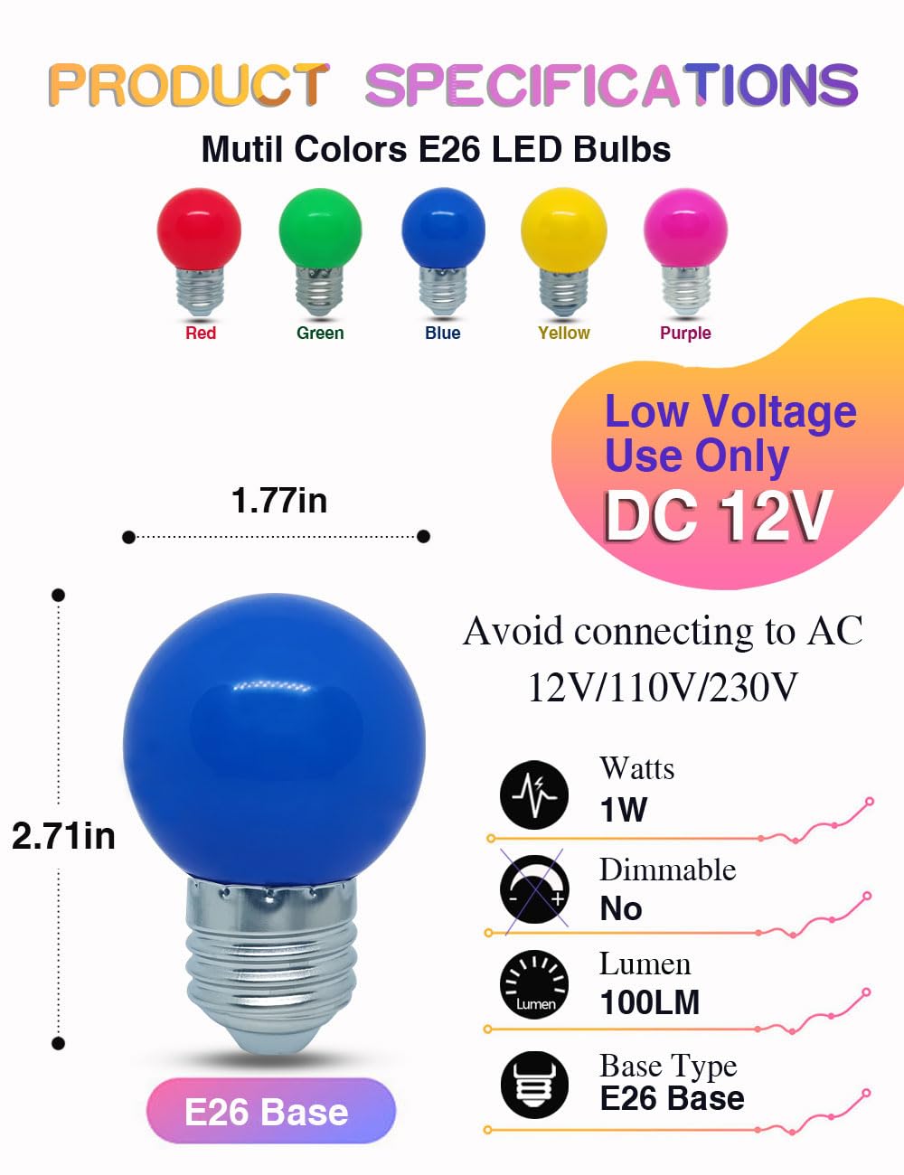 Tupolife Dc 12 Volt Light Bulb  Low Voltage Led Bulbs  Blue 1W G14 G45 Mini Globe E26 Colored Night Lights  10W Equivalent For Christmas Halloween Holiday String Fairy Mood Lights Decor  5 Pack