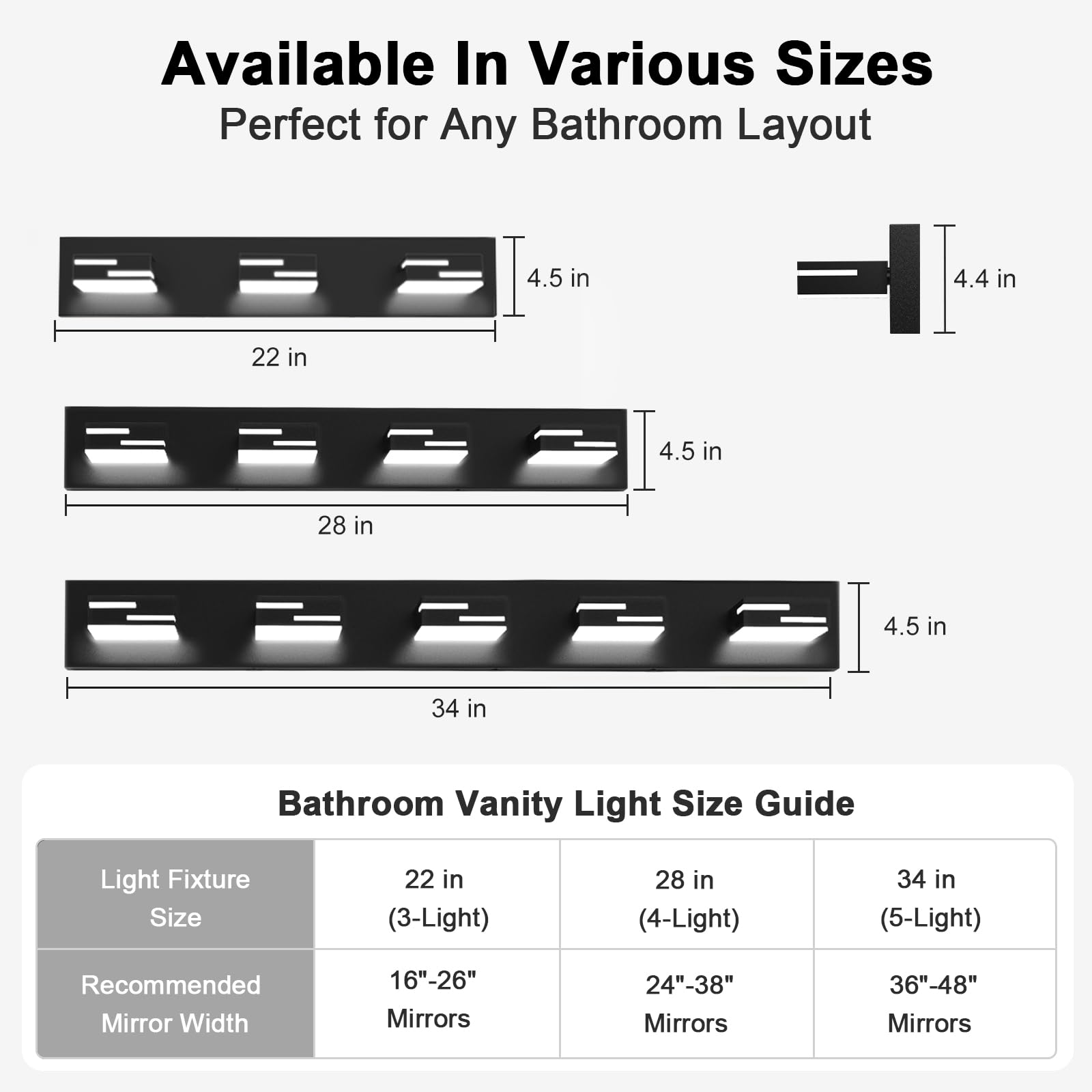 LKHF 3-Light LED Bathroom Vanity Light, Dimmable Matte Black, 22-inch, 350° Rotatable Acrylic Heads, Cool White 6000K