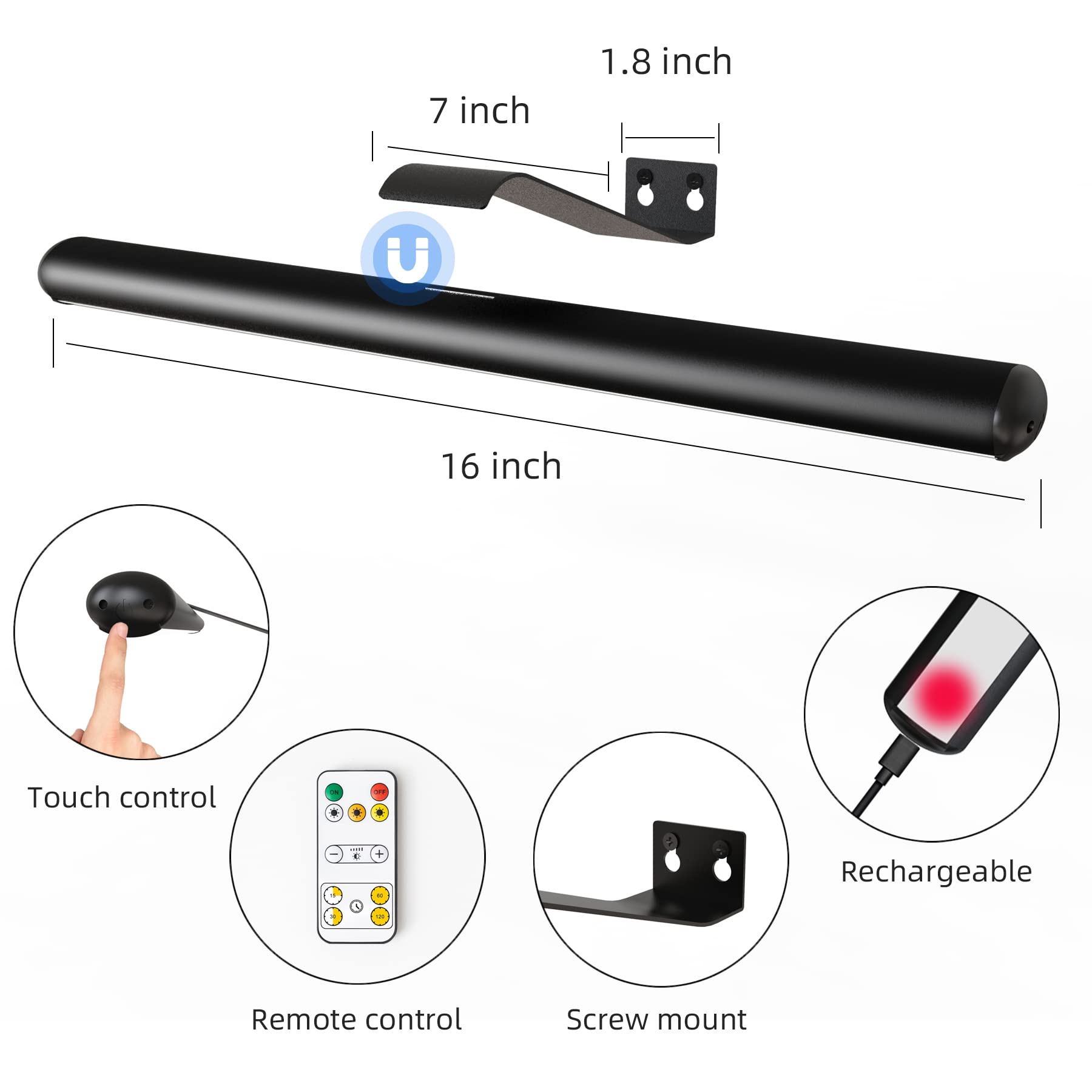 Arixinks Wireless Picture Light - 16" Metal LED Art Display with Remote, Dimmer, and Timer - Large Size, Rechargeable Battery Operated