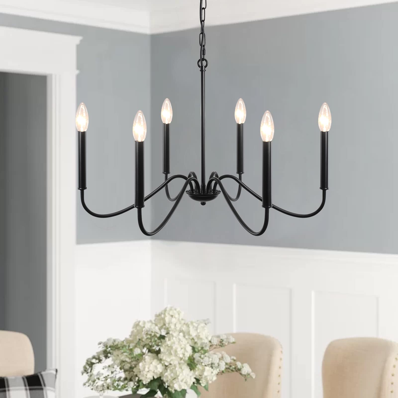 SJCCDSGS Black Chandelier- Modern Farmhouse Chandelier Dining Room Light Fixture 6 Light E12 Candle Pendant Hanging Light for Li