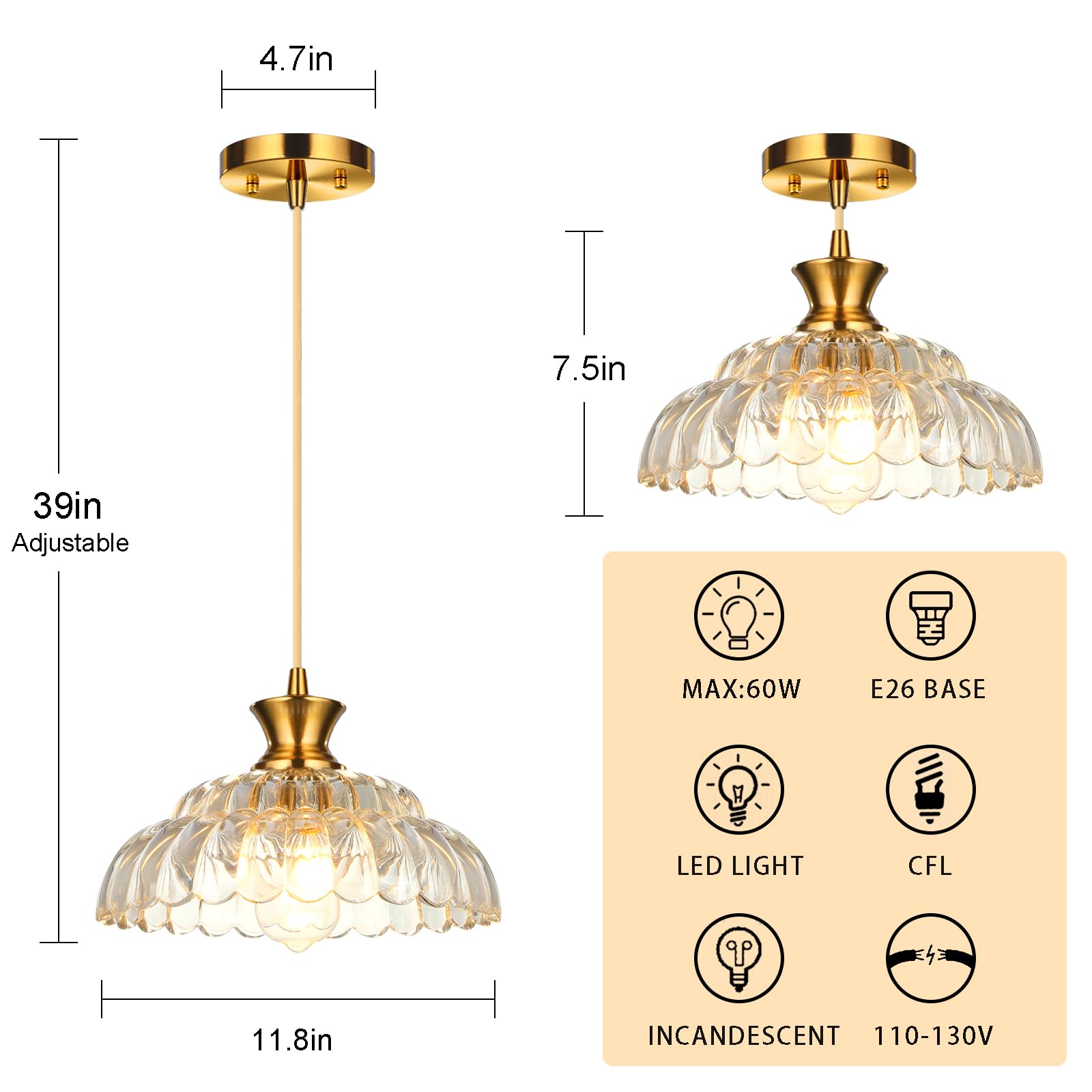 Mgcanyu Glass Pendant Lights Kitchen Island, 11.8'' Vintage Lighting Glass Light Fixtures Brushed Gold Modern Glass Chandelier H