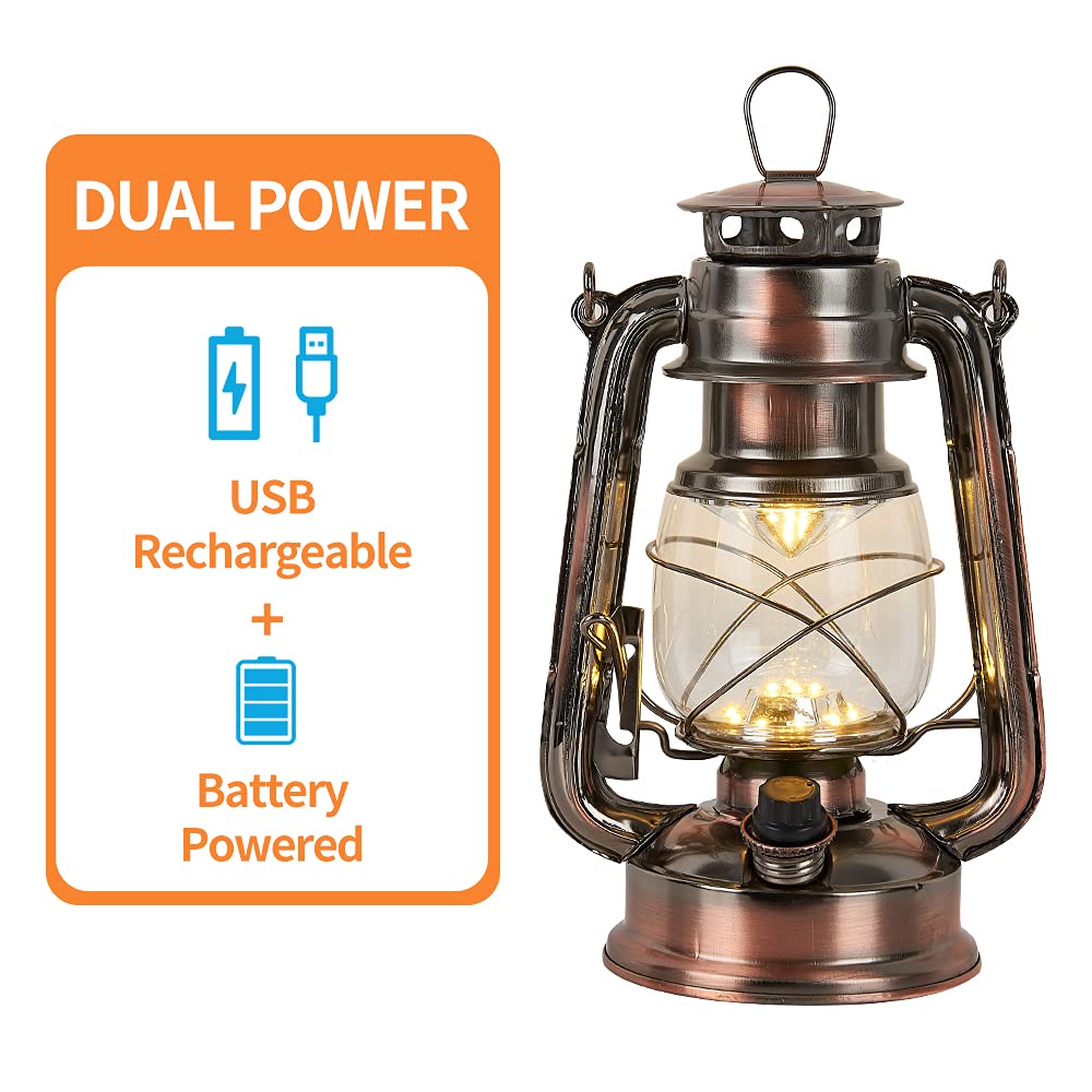 Rechargeable Vintage Hurricane Lantern, Warm White Battery Operated Lantern With Dimmable Switch, 15 Leds Metal Hanging Lantern