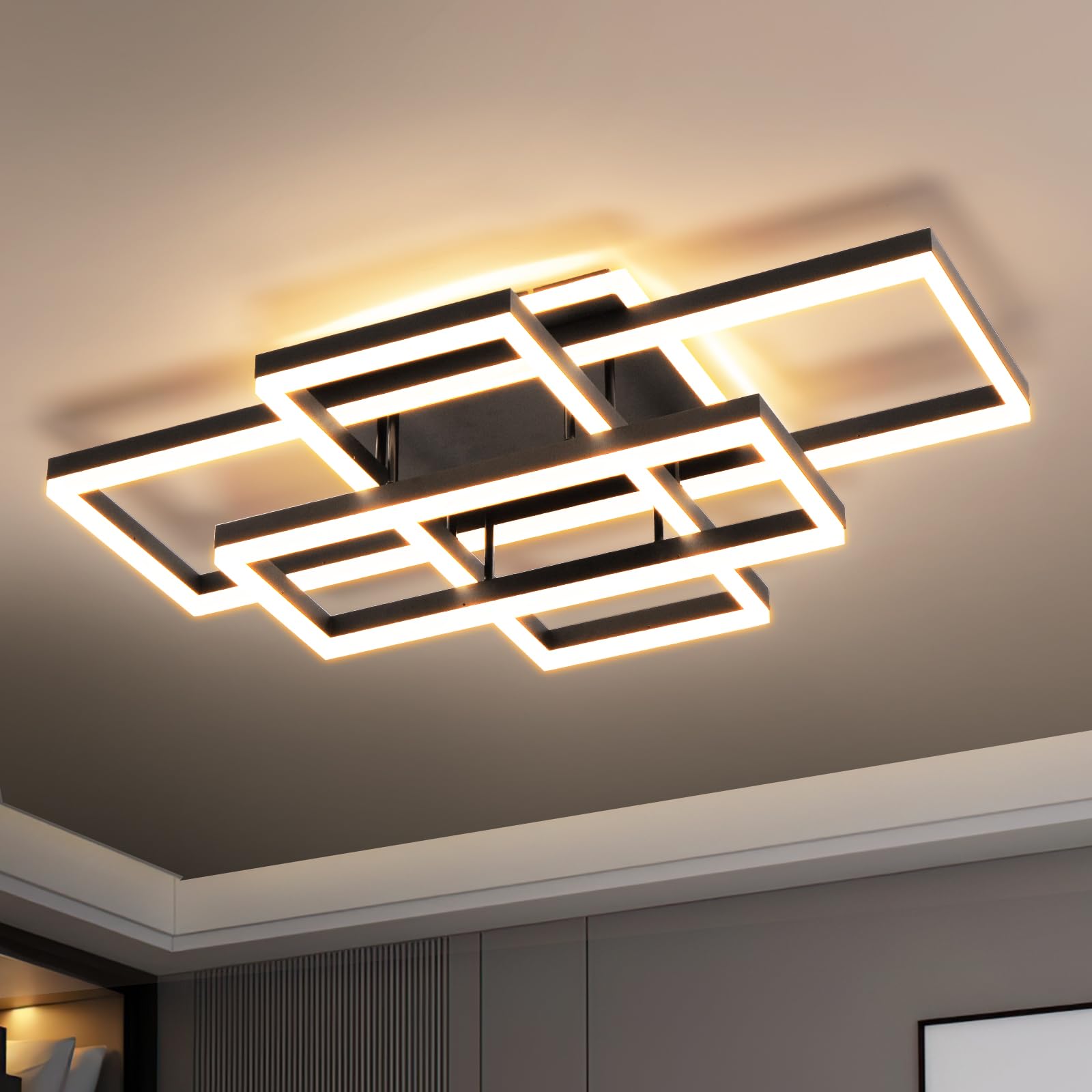 Okes Modern Led Flush Mount Ceiling Light, Black Square Dimmable Fixture For Kitchen & Living Room