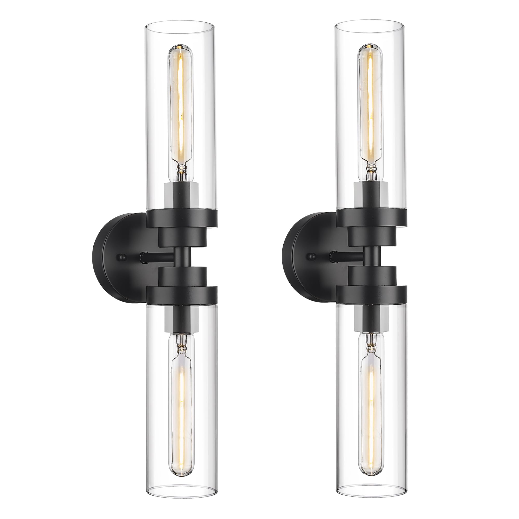 Emak 22 Inch Black Bathroom Light Fixtures Over Mirror, 2-Light Bathroom Vanity Light With Clear Glass Shade, 2 Pack Wall Sconce