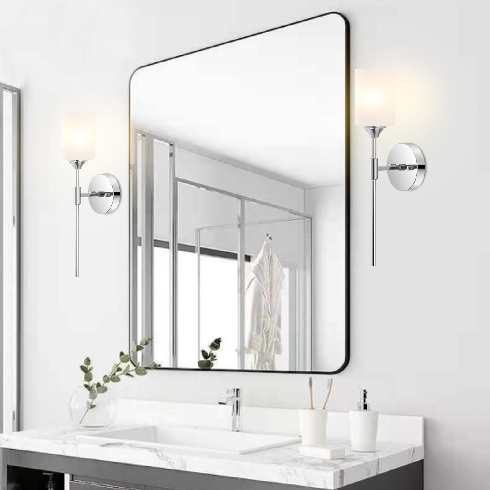 Byoliima Modern Wall Sconce Set Of 2 White Cylinder Glass Shades Mid Century Bathroom Vanity Wall Light Fixtures Industrial Wall