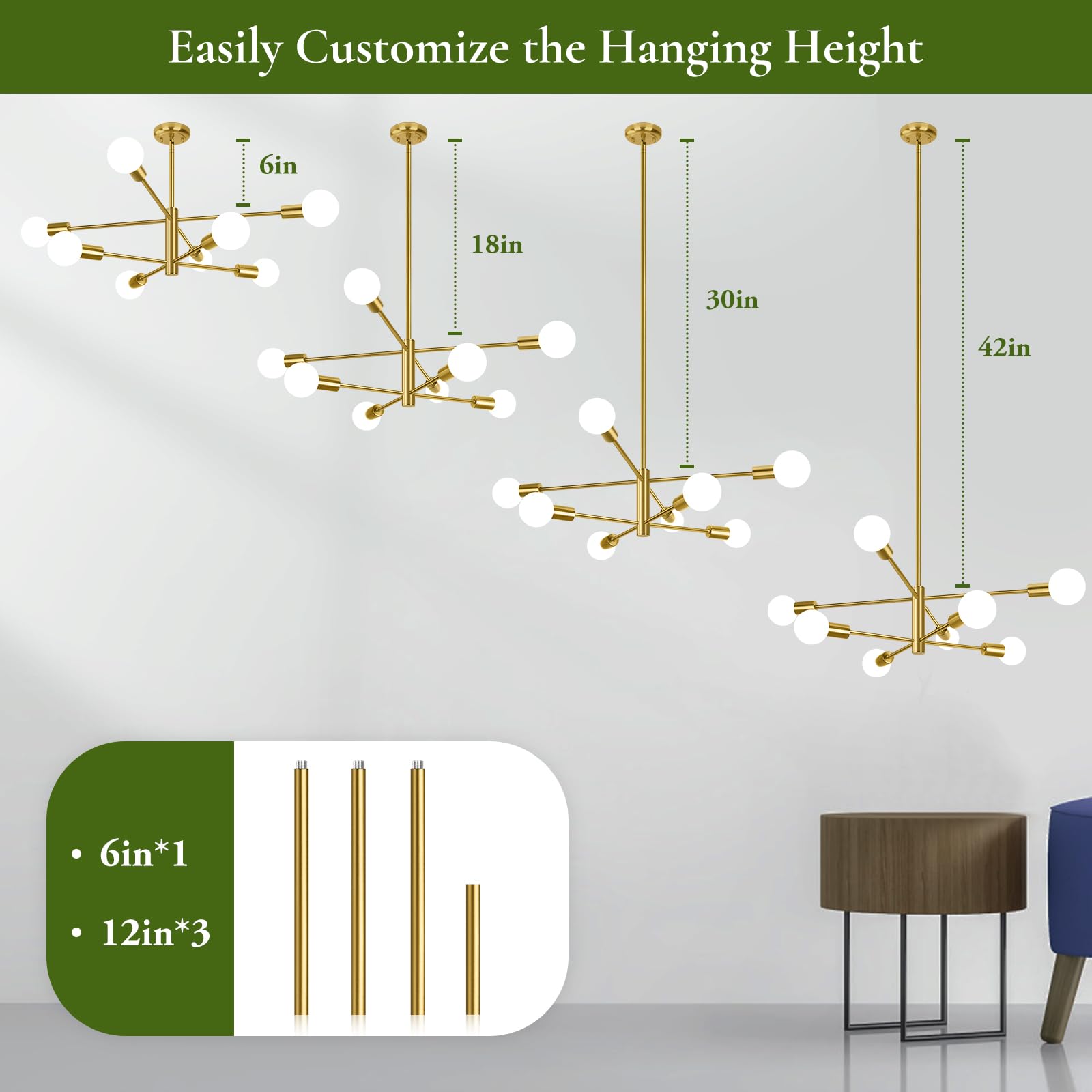 Beslowe 8-Light Modern Sputnik Chandelier, Mid Century Gold Chandeliers Lighting, Farmhouse Ceiling Hanging Light Fixture For Di