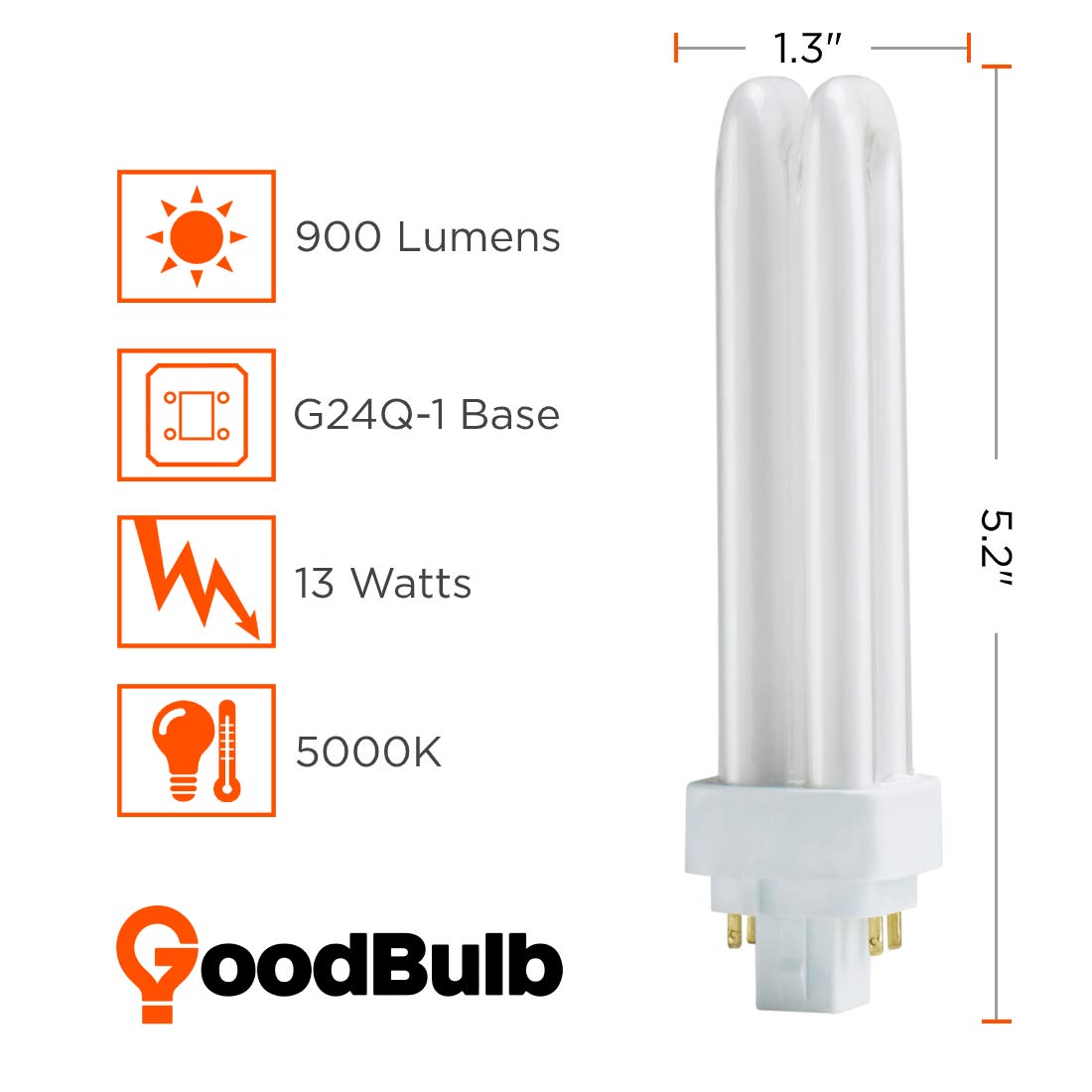 Goodbulb 13 Watt Cfl Light Bulbs | 4 Pin G24Q-1 Base 5000K Daylight | 13W High Output 900 Lumens | Double Tube Compact Fluorescent Light Bulbs Plug-In | Car Dealership Lighting | 10 Pack