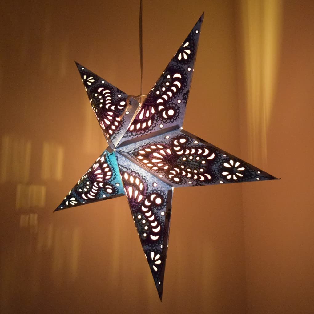 Peacock Light Blue Paper Star Lantern With 12 Foot Power Cord Included