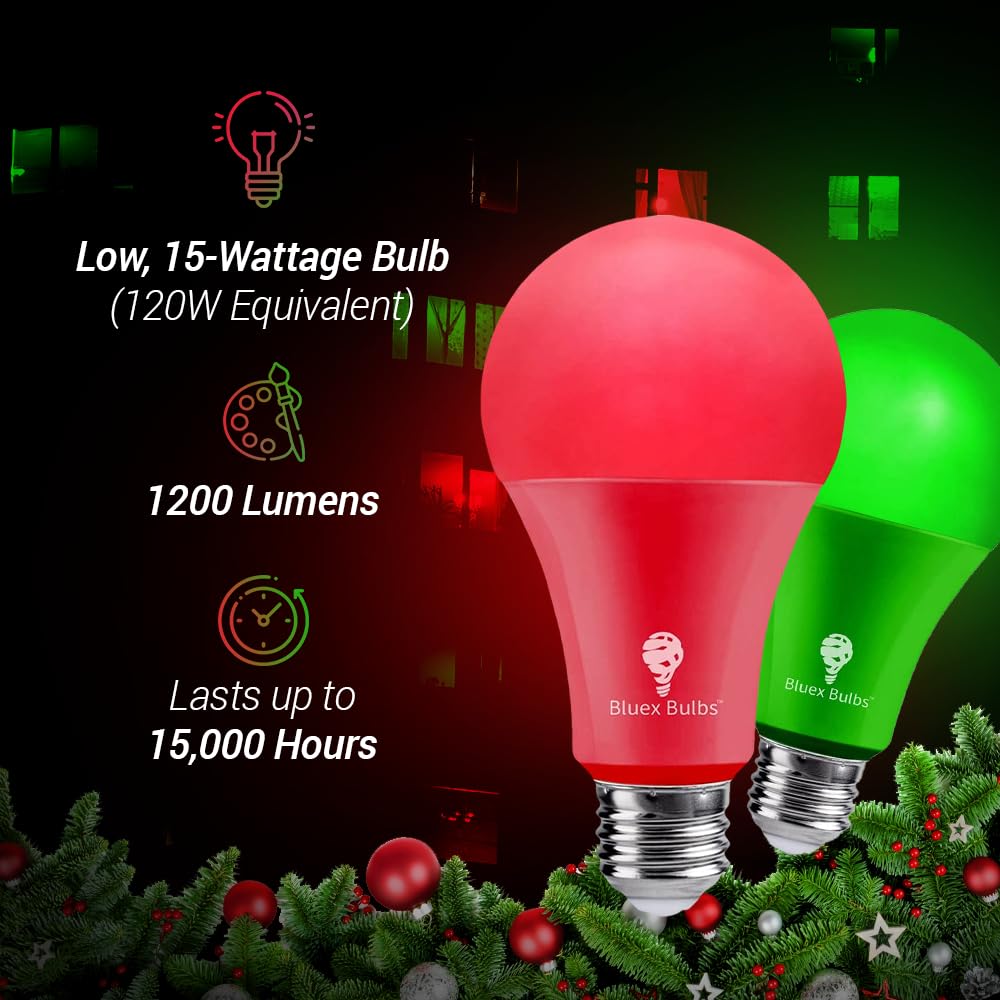 4 Pack Bluex Led A21 Red Green Light Bulbs - 15W (120Watt Equivalent) - E26 Base Red Green Led Red Bulb, Party Decoration, Porch