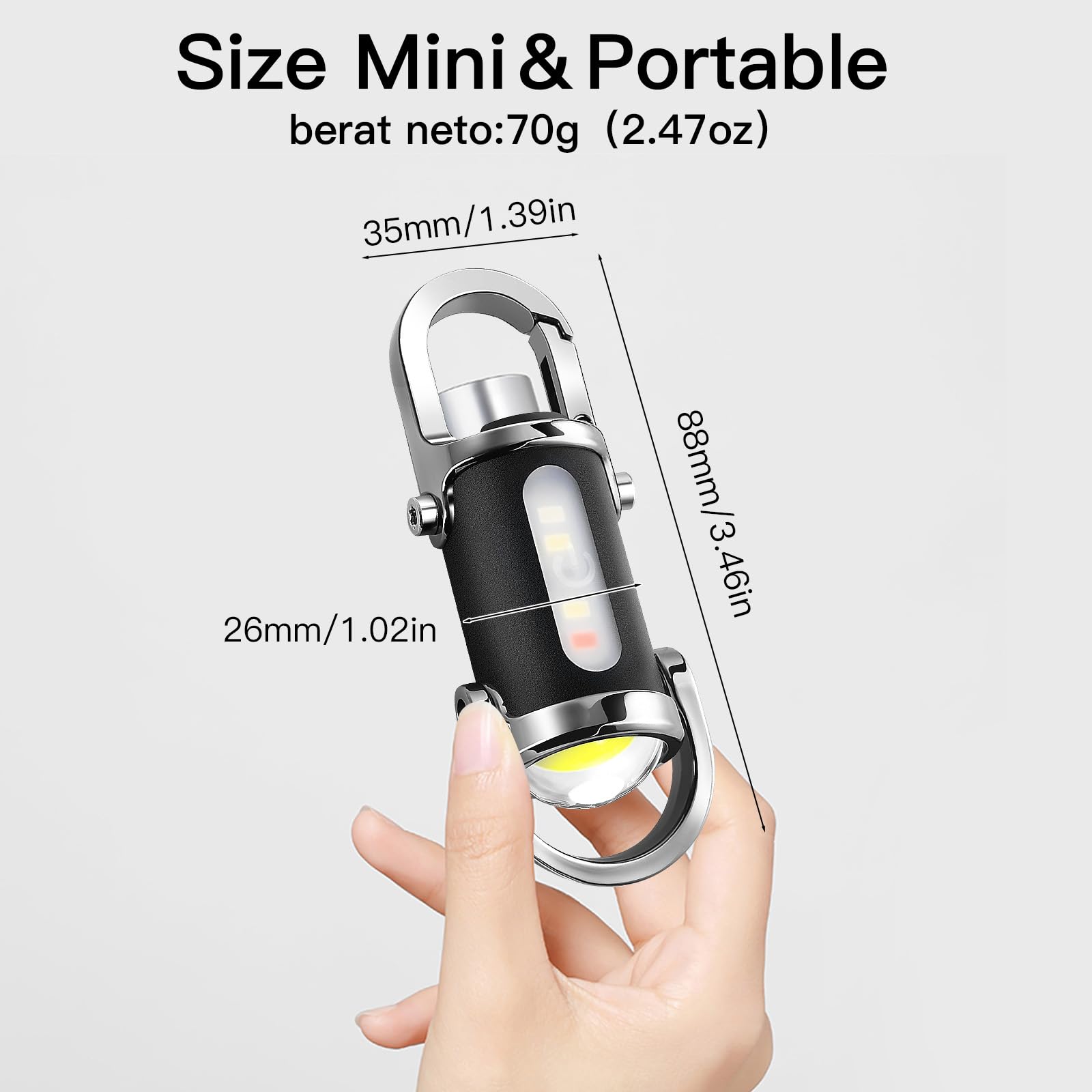 BudaTao 3-in-1 Emergency Keychain Flashlight, 500 Lumens, USB-C Rechargeable, IPX7 Waterproof, Black & Silver, Model BudaTao01