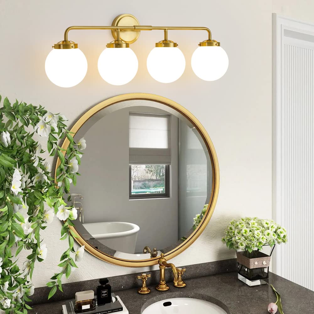 Deyidn Bathroom Light Fixtures Gold Vanity Lights Over Mirror, Modern Wall Sconce Lighting 4-Light With White Glass Globe Shade