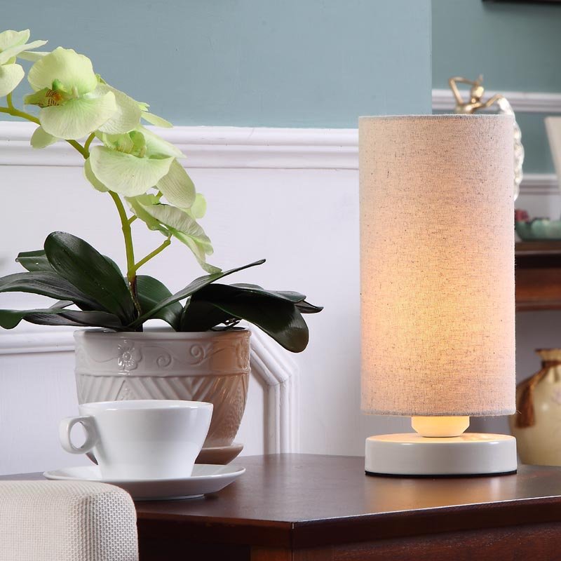 Bieye Linen Fabric Table Lamp, Cylindrical Lampshade, 11-inch Tall, Creamy-White