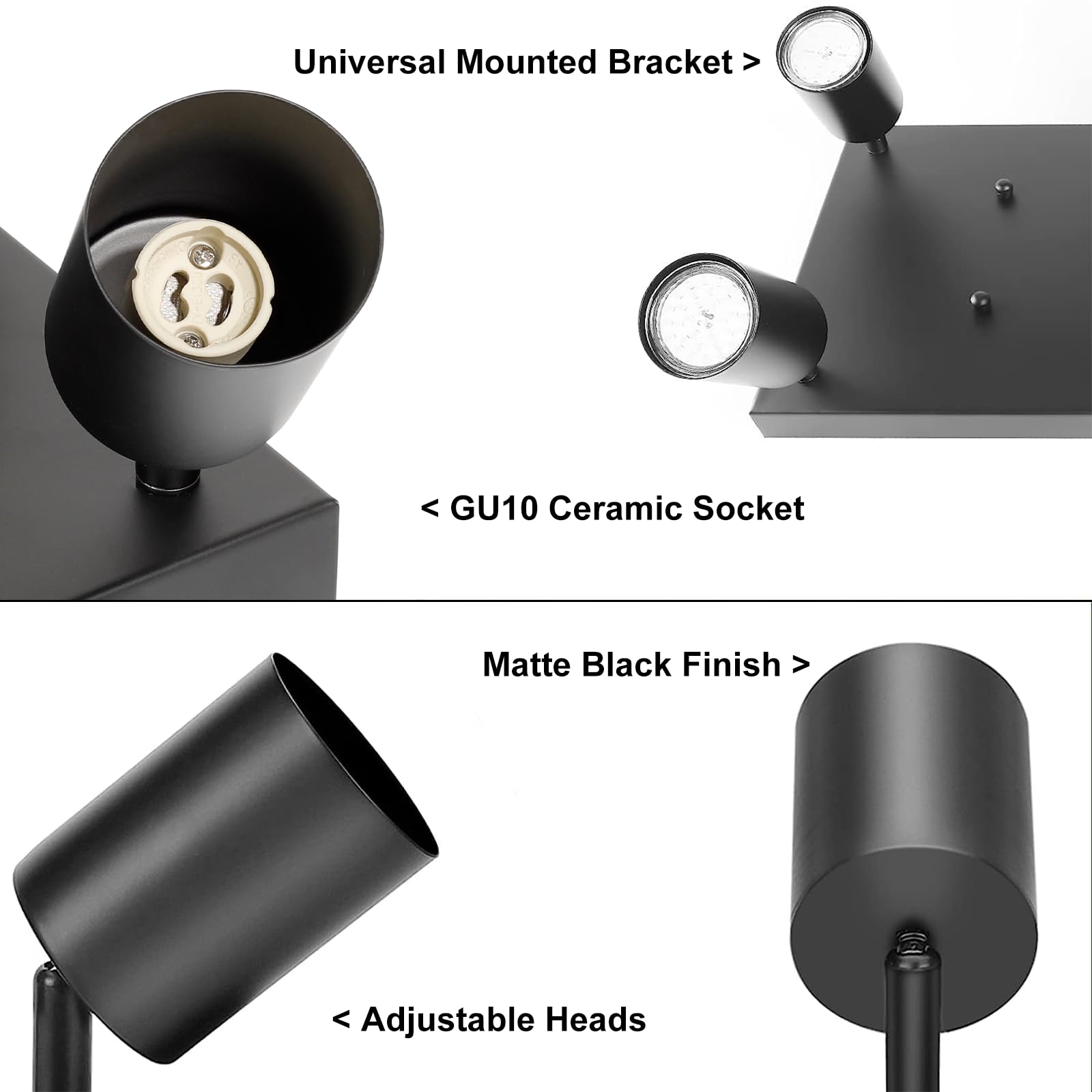 Ketom 4-Light Adjustable GU10 Ceiling Spot Lights - Modern Matte Black Metal Fixture for Kitchen, Bathroom, Bedroom, Hallway