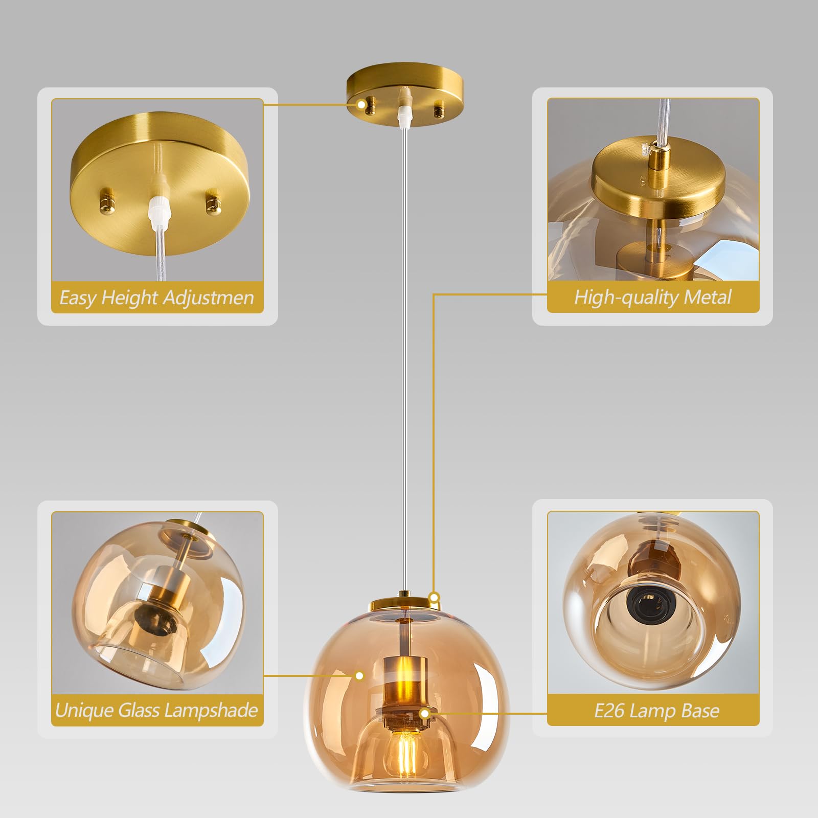 Lbsqj Amber Glass Pendant Lights Kitchen Island Gold Hanging Light Fixture Glass Globe Pendant Light Modern Pendant Lighting For Kitchen Island Bedroom Dining Room (7.87  1 Pack)