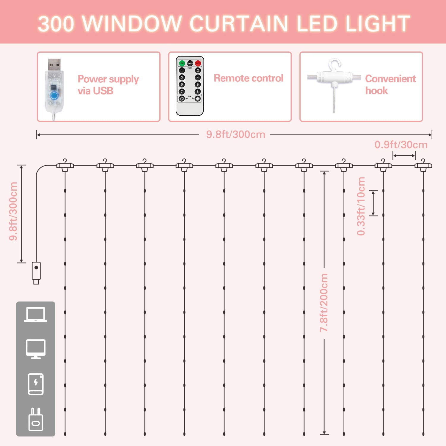 SUNNEST LED Curtain Lights, 300 LEDs, 9.8FT x 9.8FT, USB, 8 Lighting Modes, Remote Control, Red, Model SUNNEST-CDL
