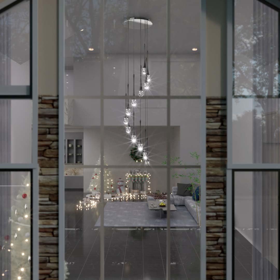 Ykolupty 120'' Bubble Crystal Raindrop Chandeliers 16-Lights Black Long Staircase Foyer High Ceiling Loft Slanted Led Dimmable Ceiling Fixtures
