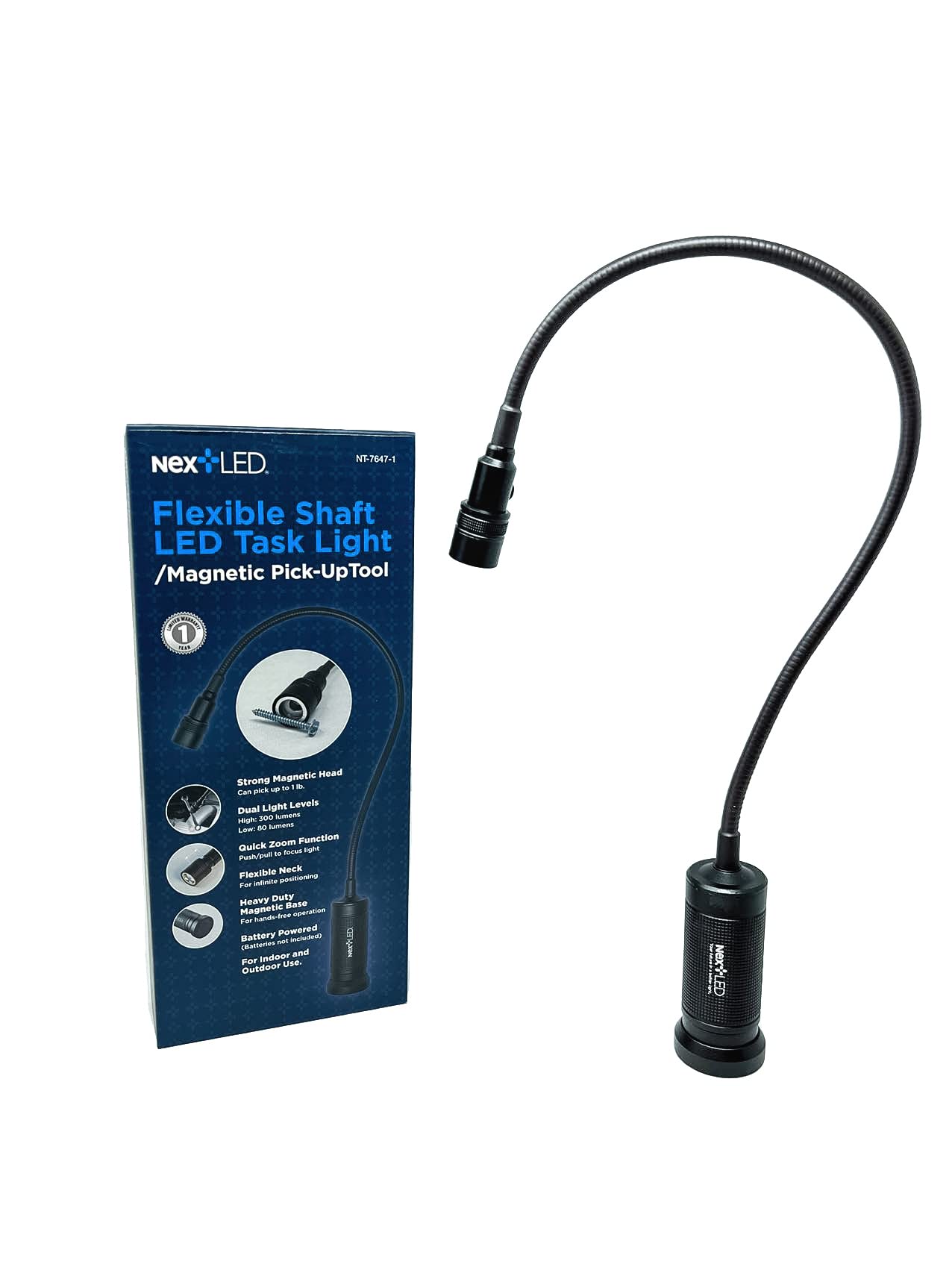 NextLED Flexible Shaft Magnetic LED Flashlight, 300 Lumen, Telescoping Neck up to 20 Inches, Black, Model NT-7647-1