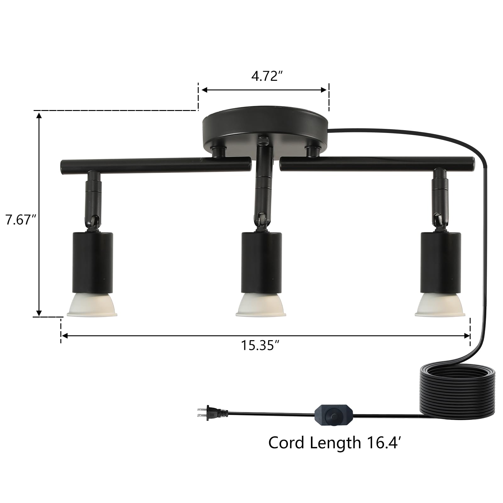 Vivihobb Dimmable Plug In Track Light Black 3 Light Plug In Ceiling Lighting Fixture With 16.4 Long Cord 4 Way Ceiling Spotlight Rotatable Wall Mount Light Head Led Dimmable Spot Bulbs Included