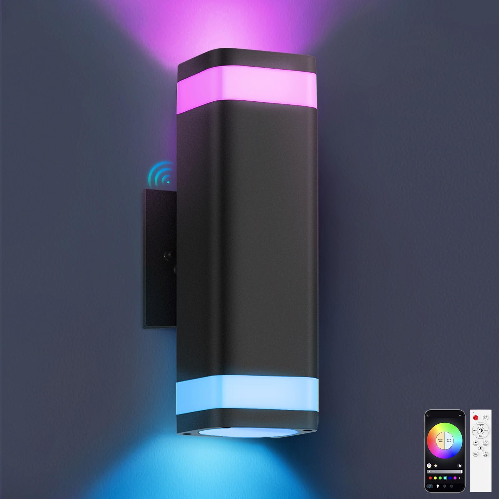 RAYVO Smart Outdoor RGB Wall Lights, Wi-Fi Control, Dusk to Dawn, Aluminum, 1 Pack, Black Finish, Model R013