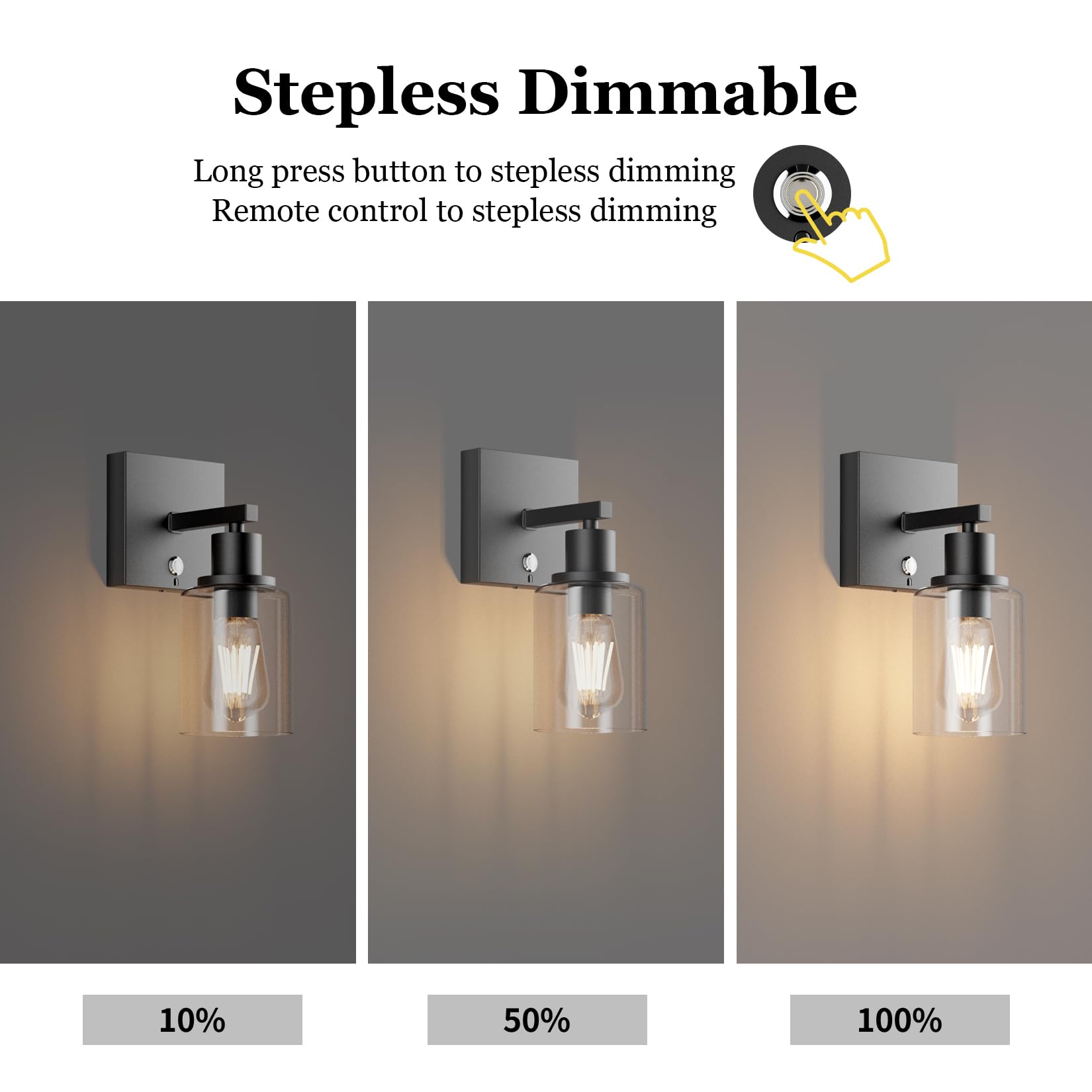 Coinmit Battery Operated Wall Sconce Set of 2, Wireless Glass Lampshade, Dimmable, Rechargeable, Black, Model HW808