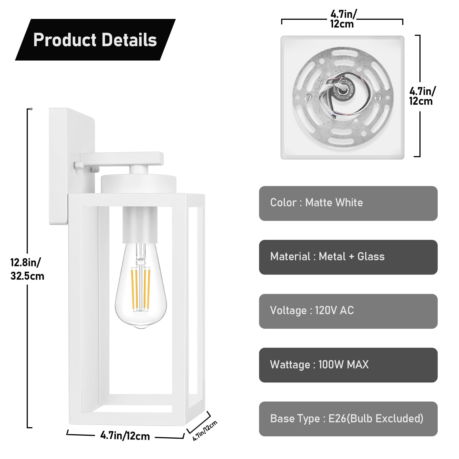 BesLowe Outdoor Wall Light Fixtures, Waterproof Lanterns, E26 Sockets, Glass Shades, 2-Pack, White, Model B04013P(2PK)-WH