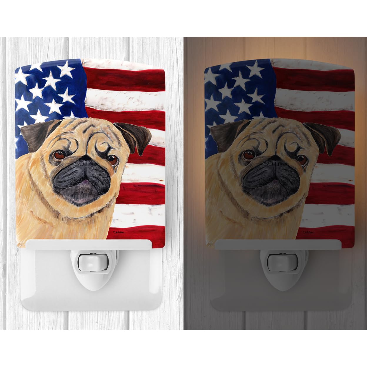 Carolines Treasures Ceramic Night Light, USA American Flag with Pug, UL-Certified, 6x4x3in, Multicolor, Model SC9006CNL