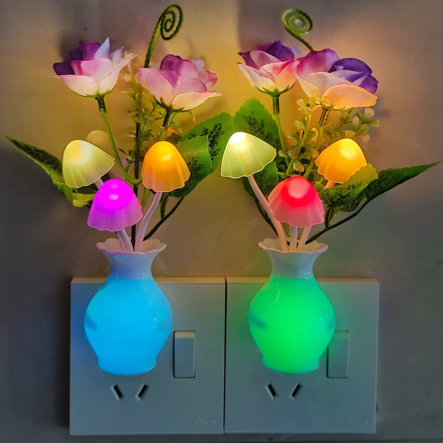AUSAYE 2Pack Led Night Light Plug in Sensor Light, Energy Saving Lamp Dream Nightlight Rose Flower Mushroom Night Lights for Kid