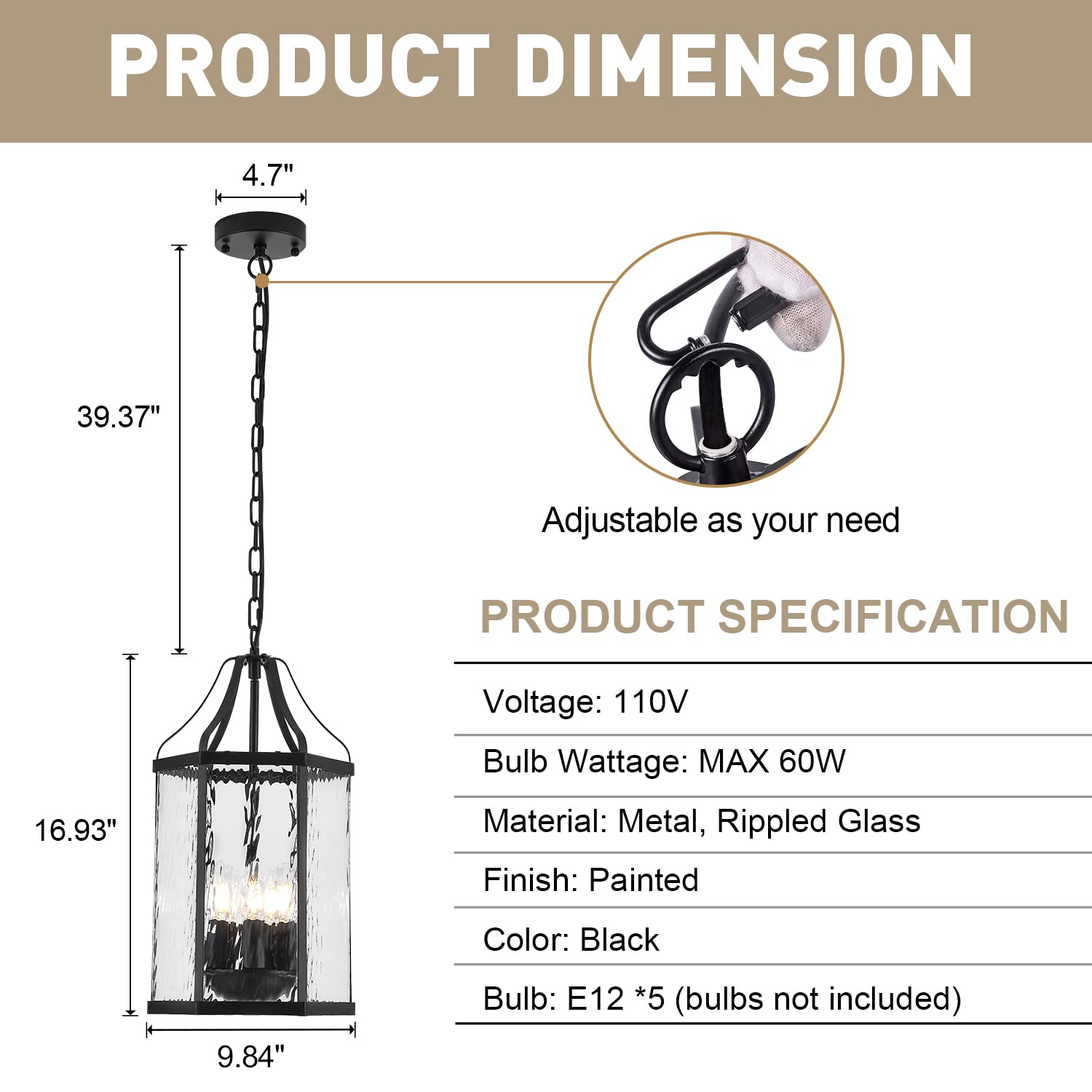 Lighceac 10'' Modern 5-Light Exterior Black Lantern Pendant Light Fixture With Clear Rippled Glass Mini Industrial Hanging Cage