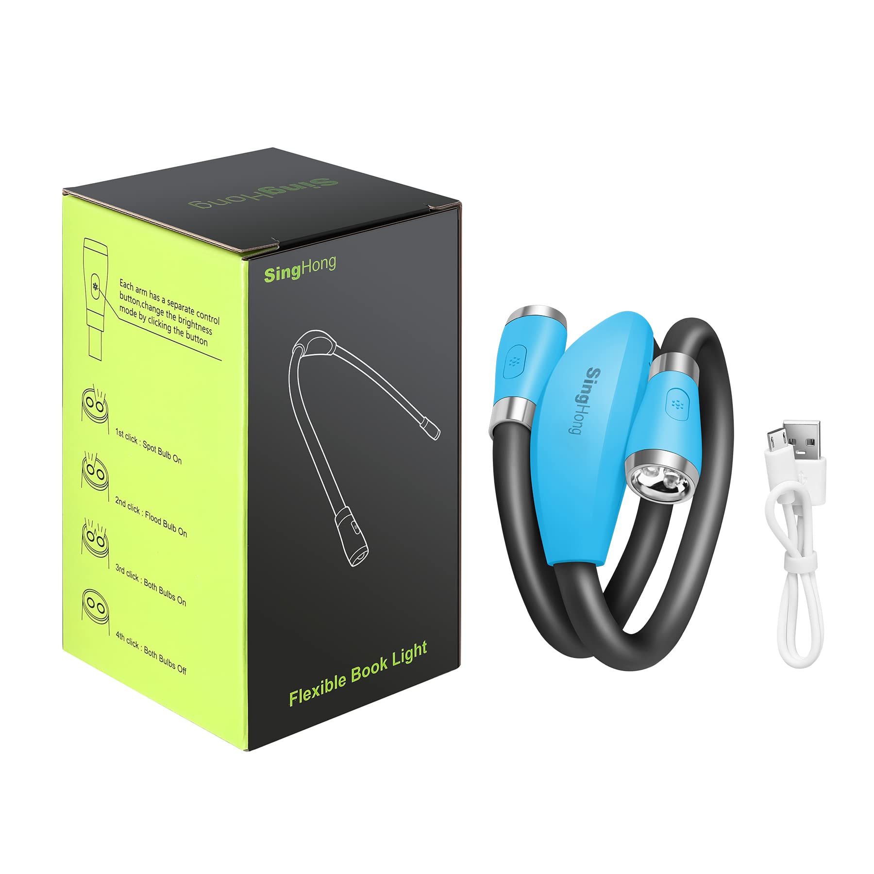 Singhong Usb Rechargeable Neck Book Light - 4 Led Bulbs, Adjustable Brightness, Small, Blue, Model Shnbl-B1