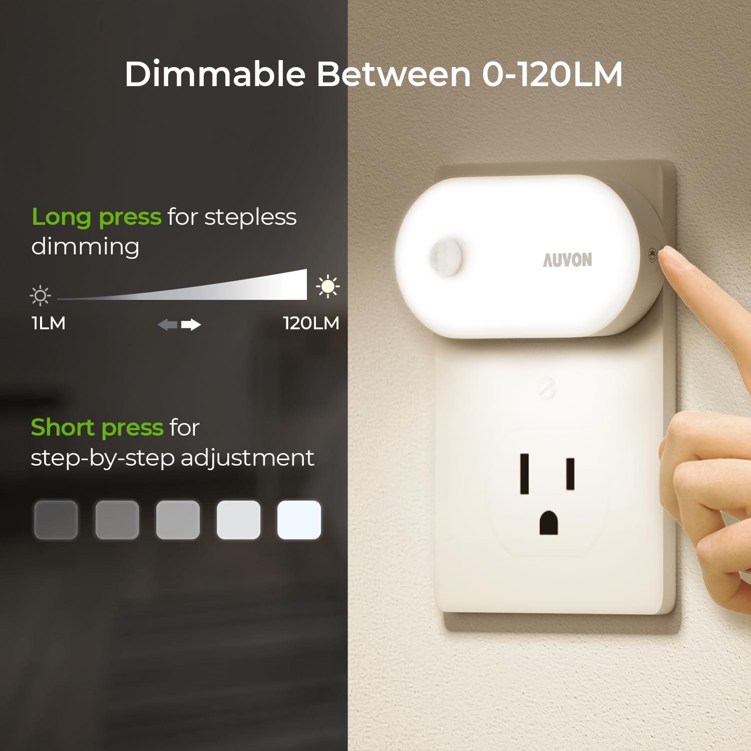 Auvon Night Light Plug In, Bright Motion Sensor Night Light (120 Lumens), Dimmable Cool Led Night Lights Plug Into Wall, 1-120Lm