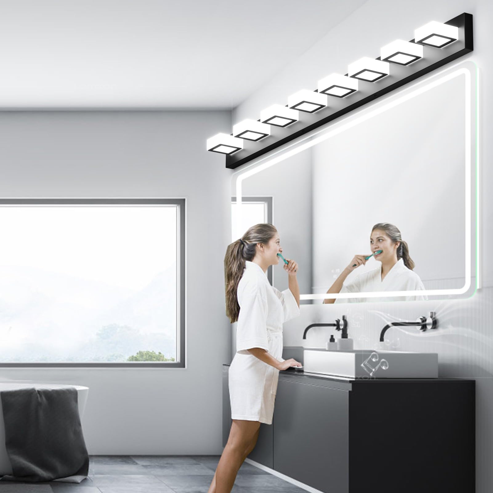 Ralbay 52 Inch Black LED Vanity Light Fixture, 8 Lights, Modern Acrylic Design, Matte Black, Model 8590
