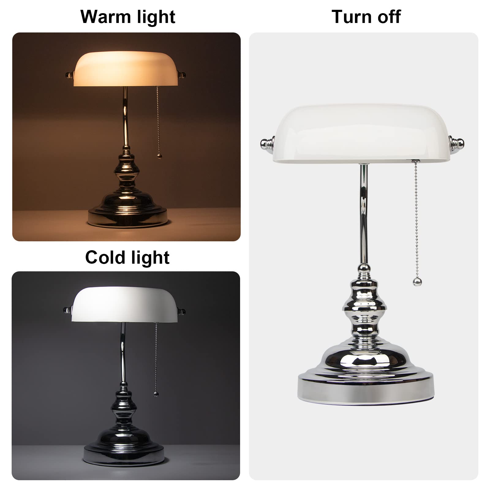 FIRVRE Bankers Desk Lamp T9007U-GW, Vintage White Glass Shade with Pull Chain for Office and Study Room