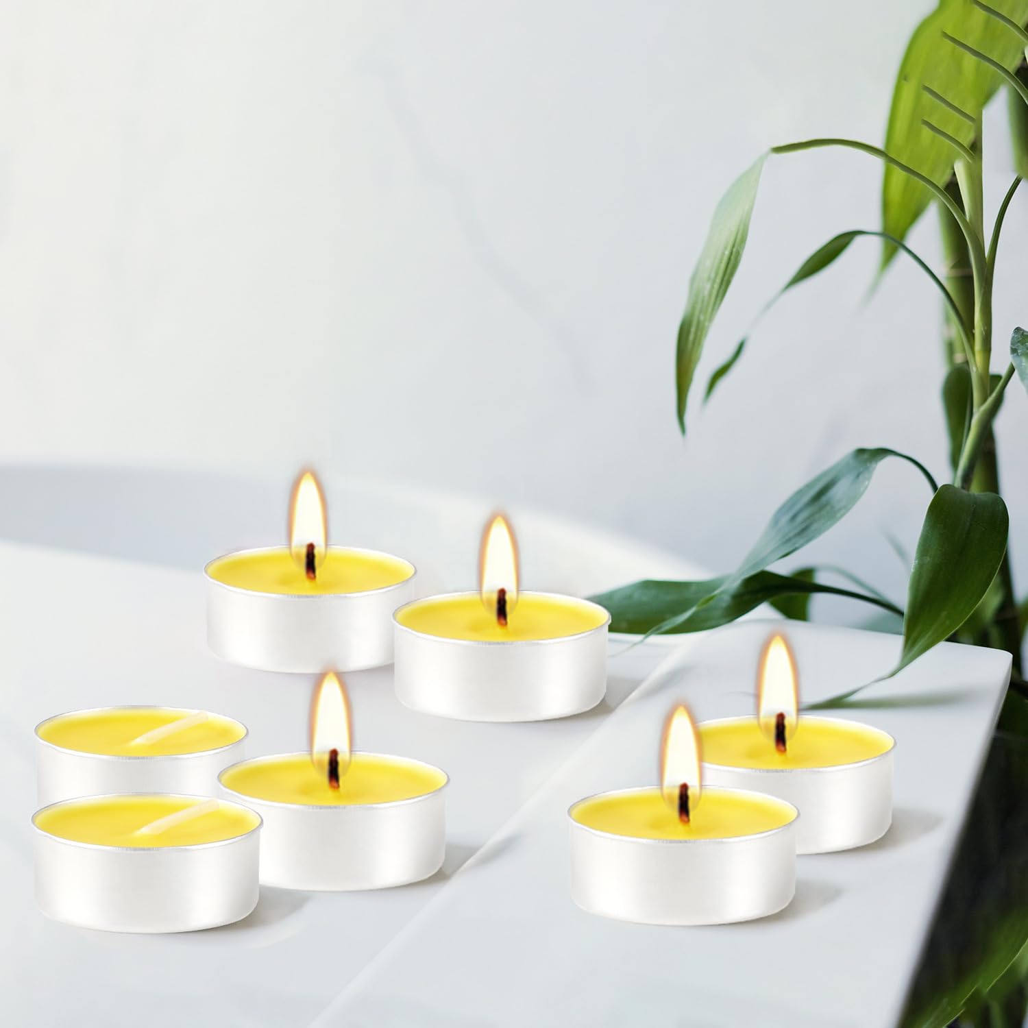 Yellow Tea Lights Candle Bulk, 4 Hours Dripless Smokeless Citronella Candles for Home Garden Patio Yard Balcony Backyard - 50 Pa