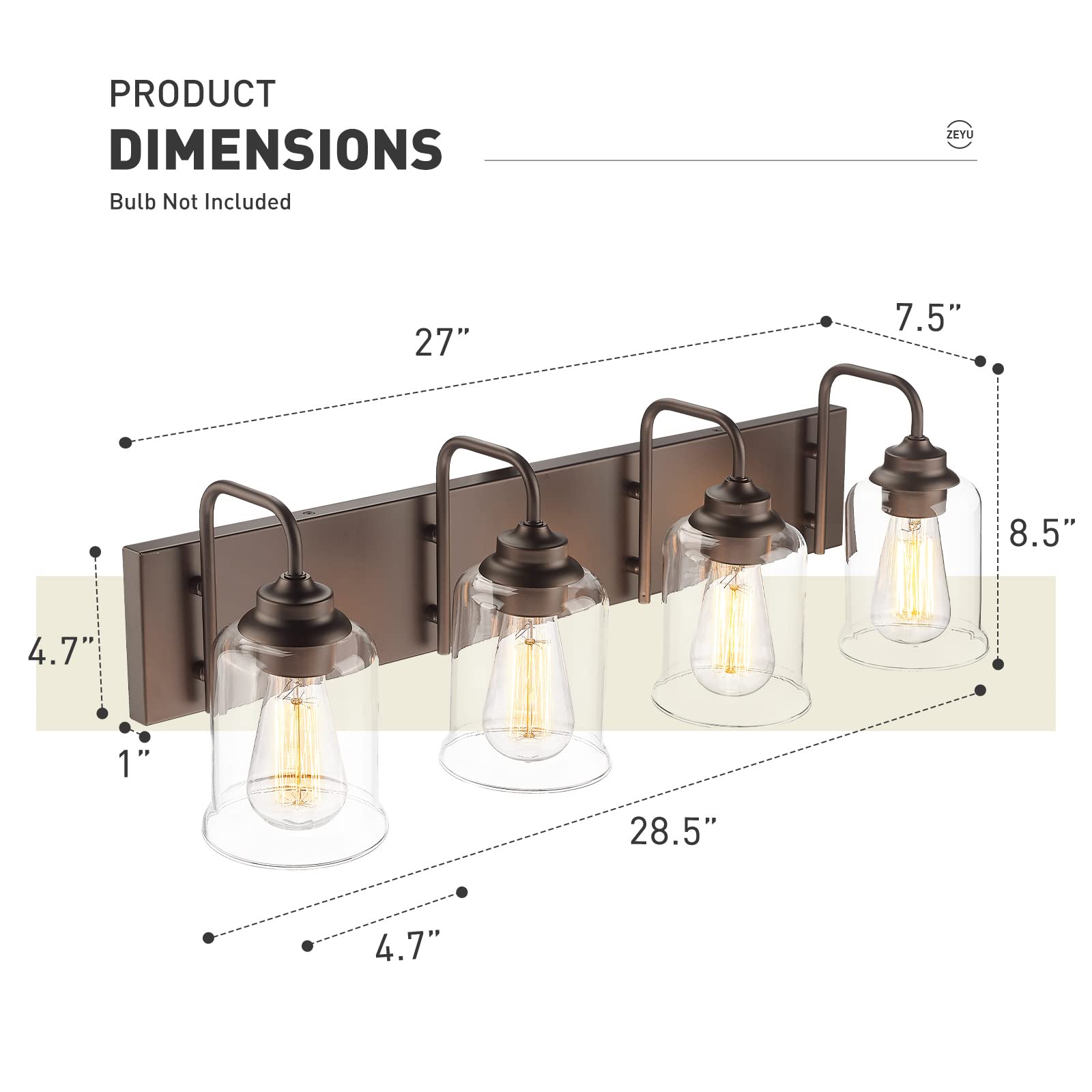 zeyu 28.5" Oil Rubbed Bronze Bathroom Light Fixture, 4-Light Vanity Wall Lights with Clear Glass Shade, Model ZSL72B-4W ORB