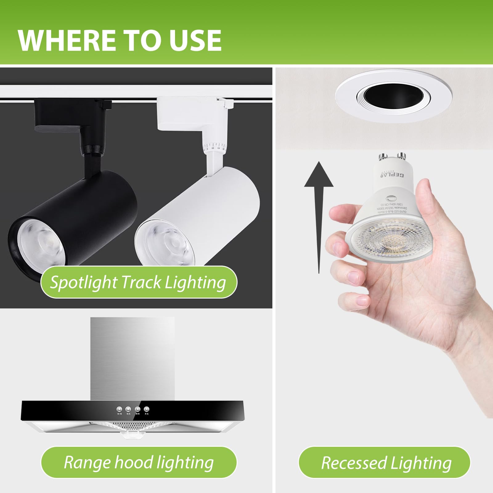 12-Pack Gu10 Led Bulbs Daylight 5000K, 6W 582Lm Dimmable Gu10 Two Prong Light Bulb, 50W Halogen Replacement, Track Lighting,Recessed Light,Range Hood Light Bulbs