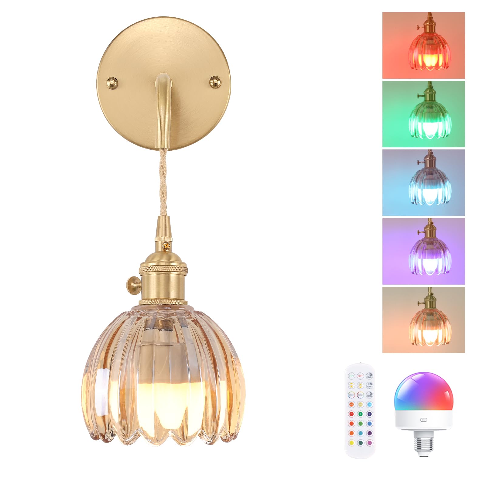 Shenmoyl Wall Sconce, Battery Operated, Brass, Amber Tulip Shade, Adjustable Chain, Model 1-938, Indoor Lighting for Bedroom and Doorway