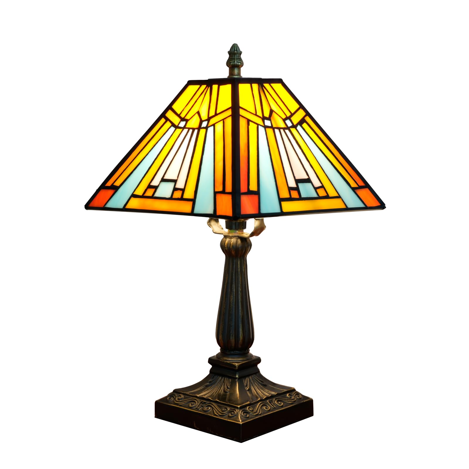 NUODITOS Tiffany Table Lamp Amber Brown Stained Glass Lamp Mission Style Antique Desk Beside Reading Lamp for Office Home Living