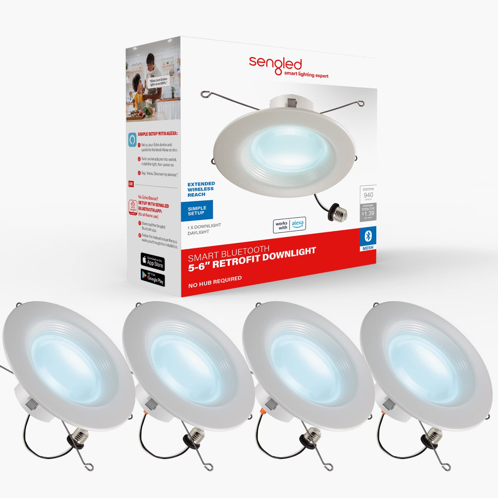 Sengled Smart Recessed Lighting, 5/6 Inch, S1 Auto Pairing With Alexa Devices, Led Lights, Smart Can Lights Retrofit Work With Alexa, Smart Led Downlight, ?Daylight 5000K, Conversion Kit, 4-Pack