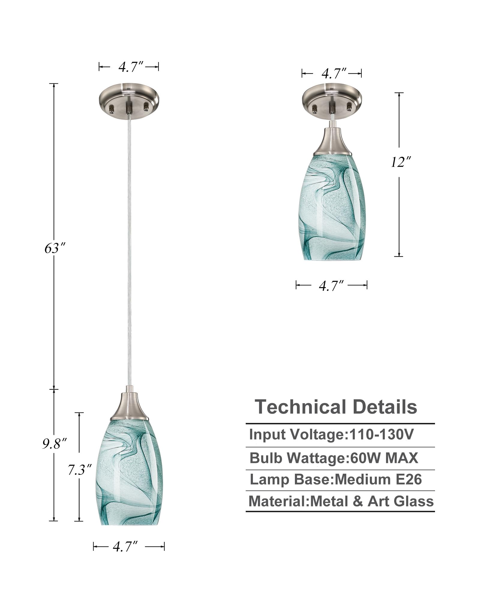 karyfine Mini Pendant Light Brown Glass Shade Adjustable Cord Green Marble 3-Pack Model 1039AP