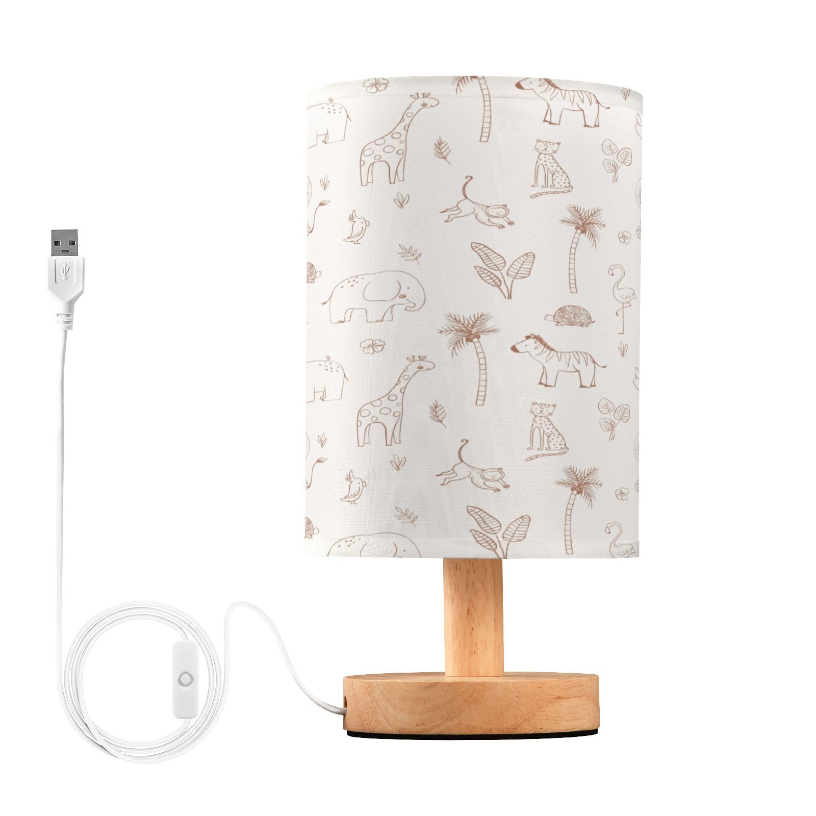 Kigai Safari Nursery Table Lamp for Kids Room LED Bedside Nightstand Lamp with USB Port, Small Nursery Lamp with Fabric Shade fo